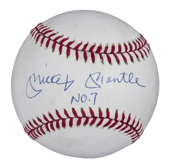 Mickey Mantle Signed & "No.7" Inscribed OAL Brown Baseball (UDA)